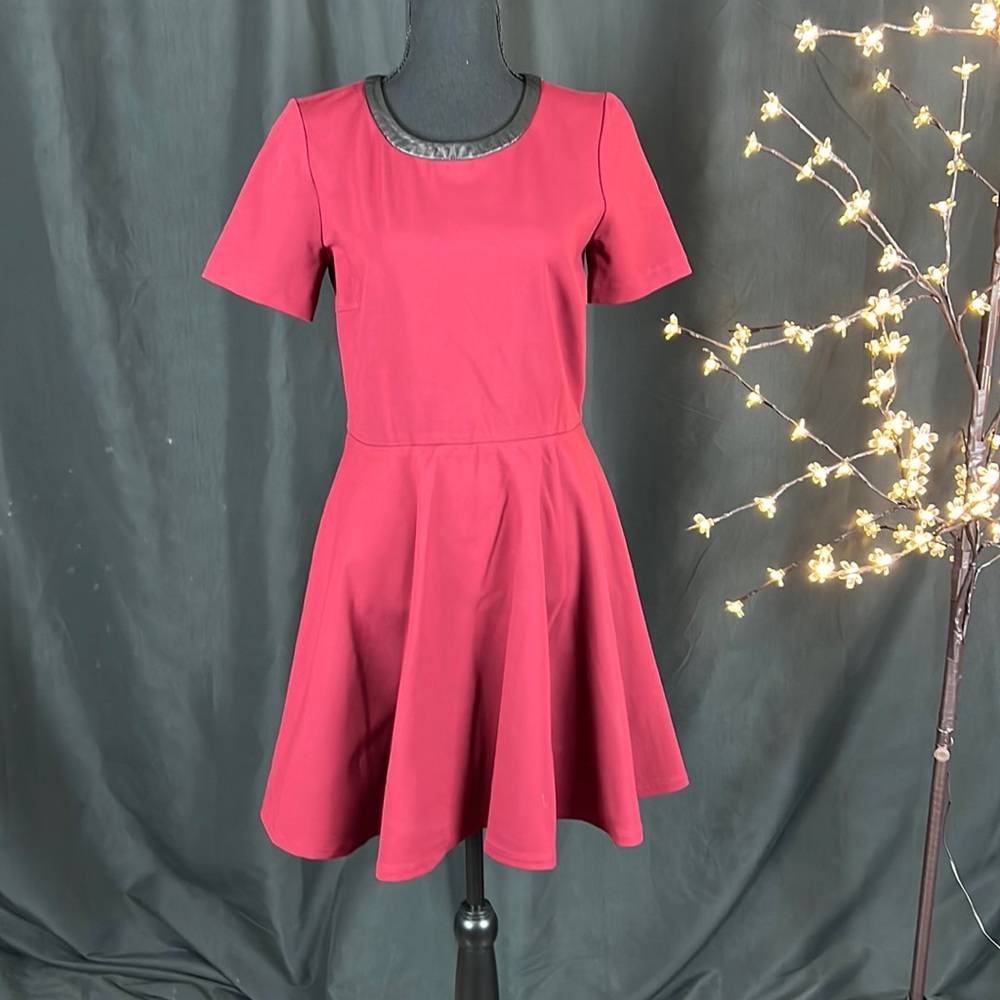 Madewell Crimson Skater Dress with Leather Trim